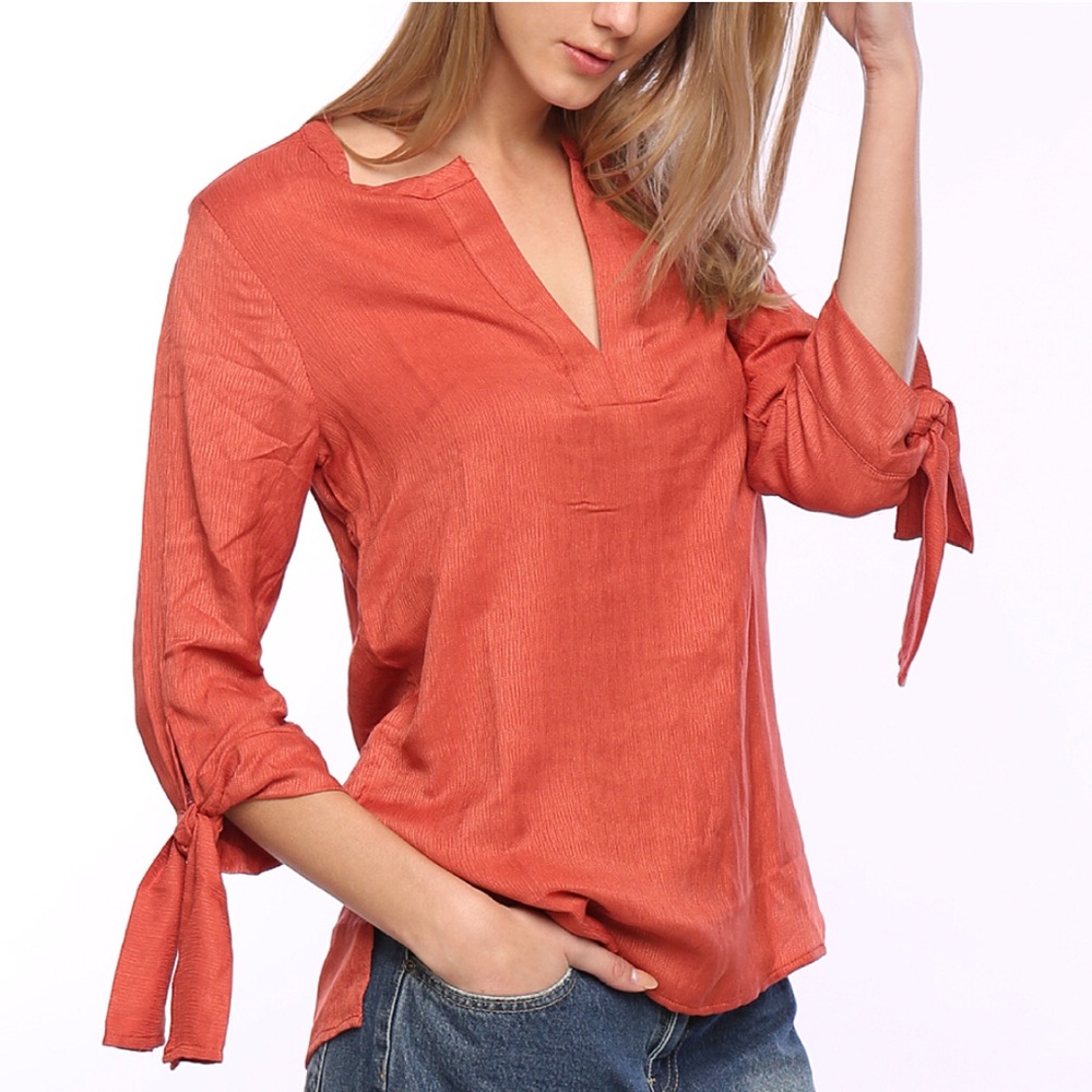 Burnt Orange Tie-Sleeve Notch Neck Top
